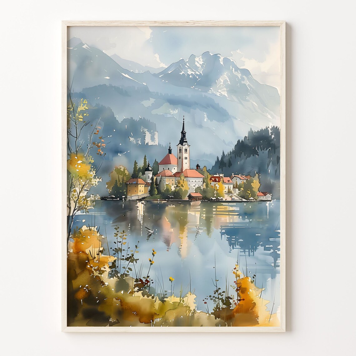 Lake Bled Watercolor Poster, Slovenia Travel Art