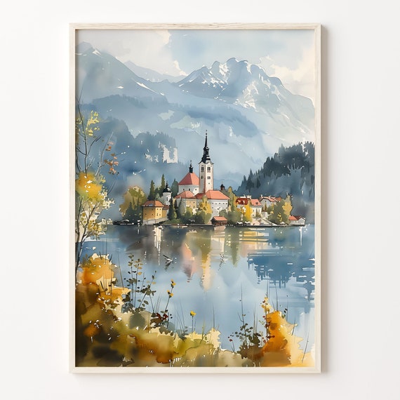 Lake Bled Watercolor Poster, Slovenia Travel Art