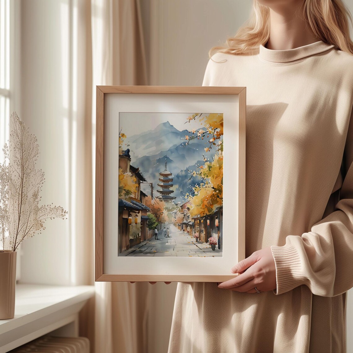 Tokyo Japan Five Tier Pagoda Autumn Street Watercolor Poster - Image 2