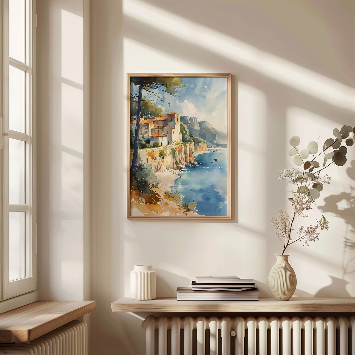 Mediterranean Sunlit Cliffside Village Sea Cove Watercolor Poster - Image 4