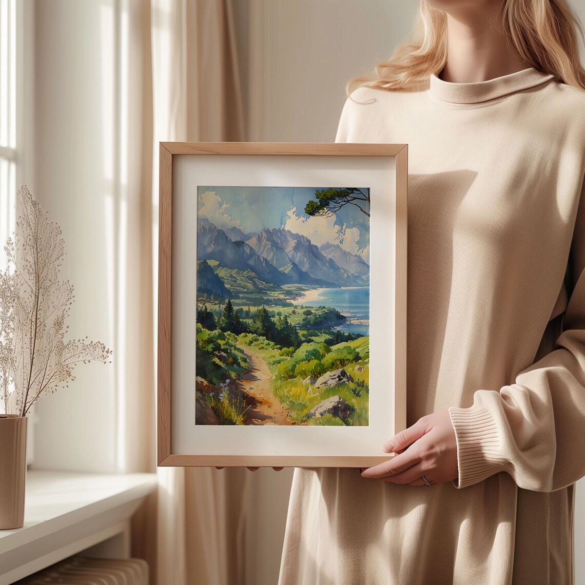 Kaikoura New Zealand Coastal Mountains Watercolor Painting Poster - Image 2