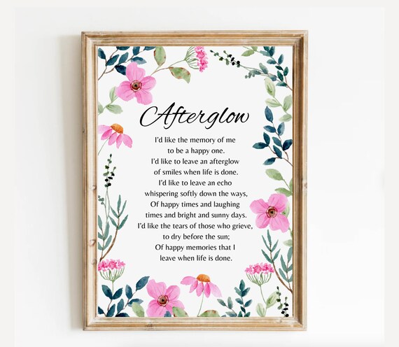 Afterglow Memorial Poem With Pink Floral Watercolor Border Poster