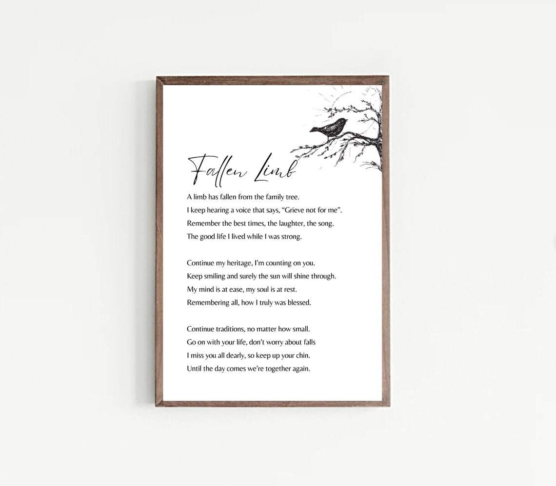 Fallen Limb Memorial Poem With Bird Branch Line Sketch Poster