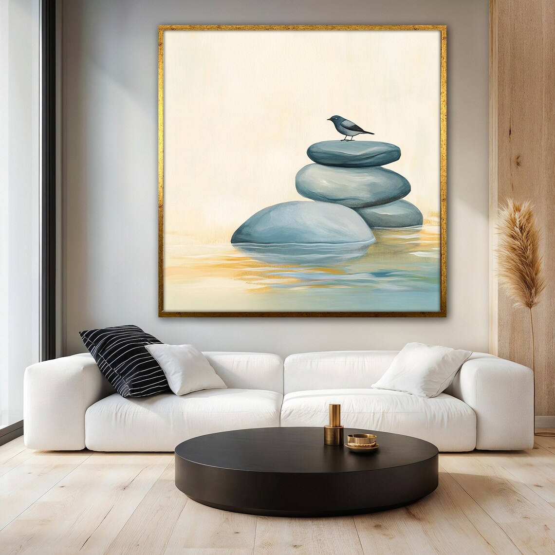 Bird On Stones Painting, Minimal Nature Scene - Image 3