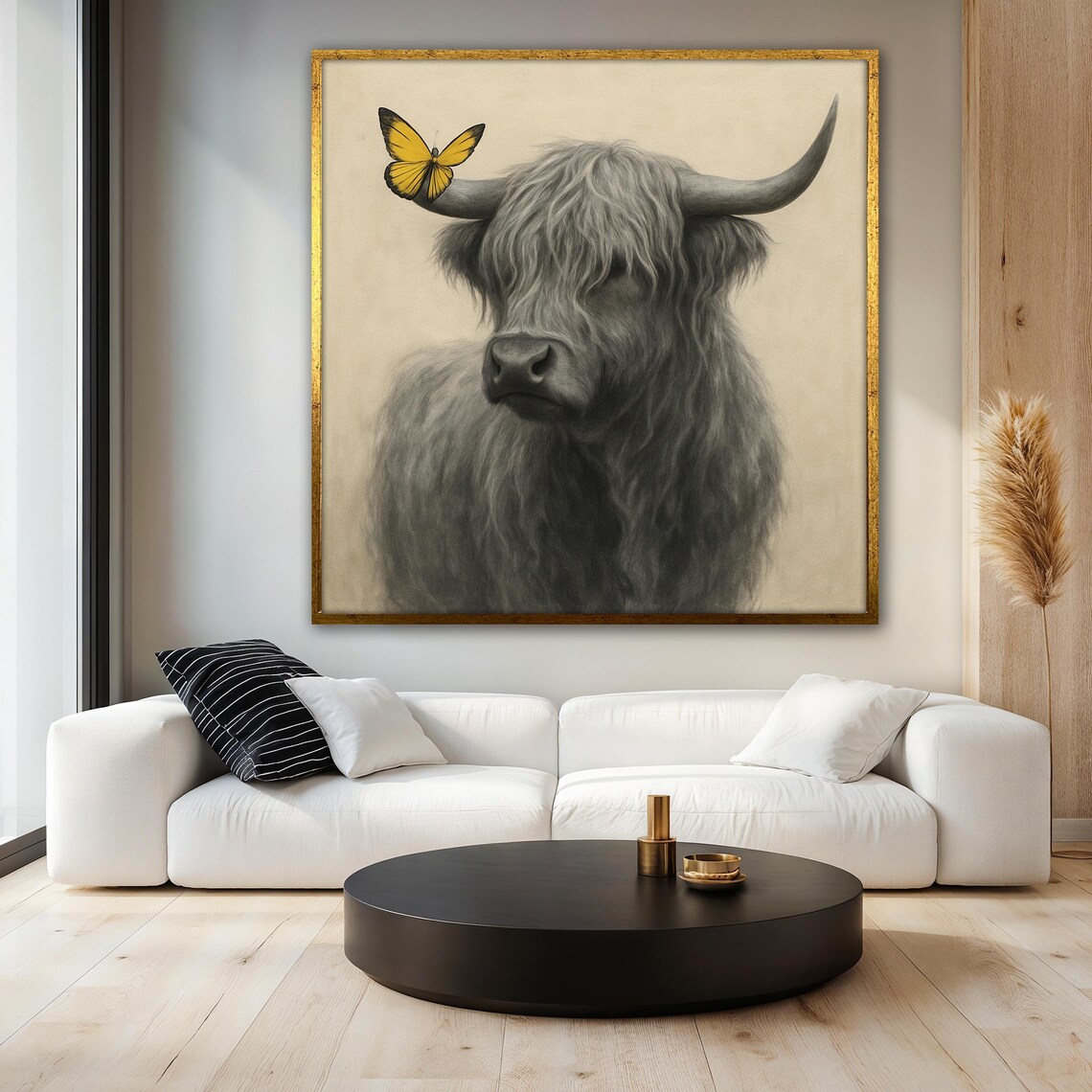 Highland Cow Painting With Yellow Butterfly, Rustic - Image 3