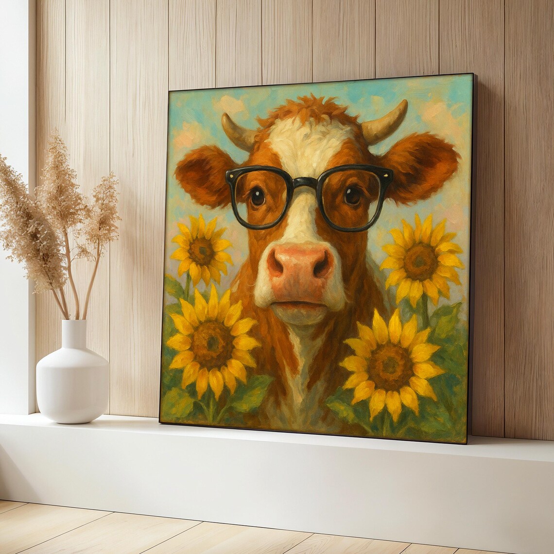 Funny Cow With Glasses And Sunflowers Art Print