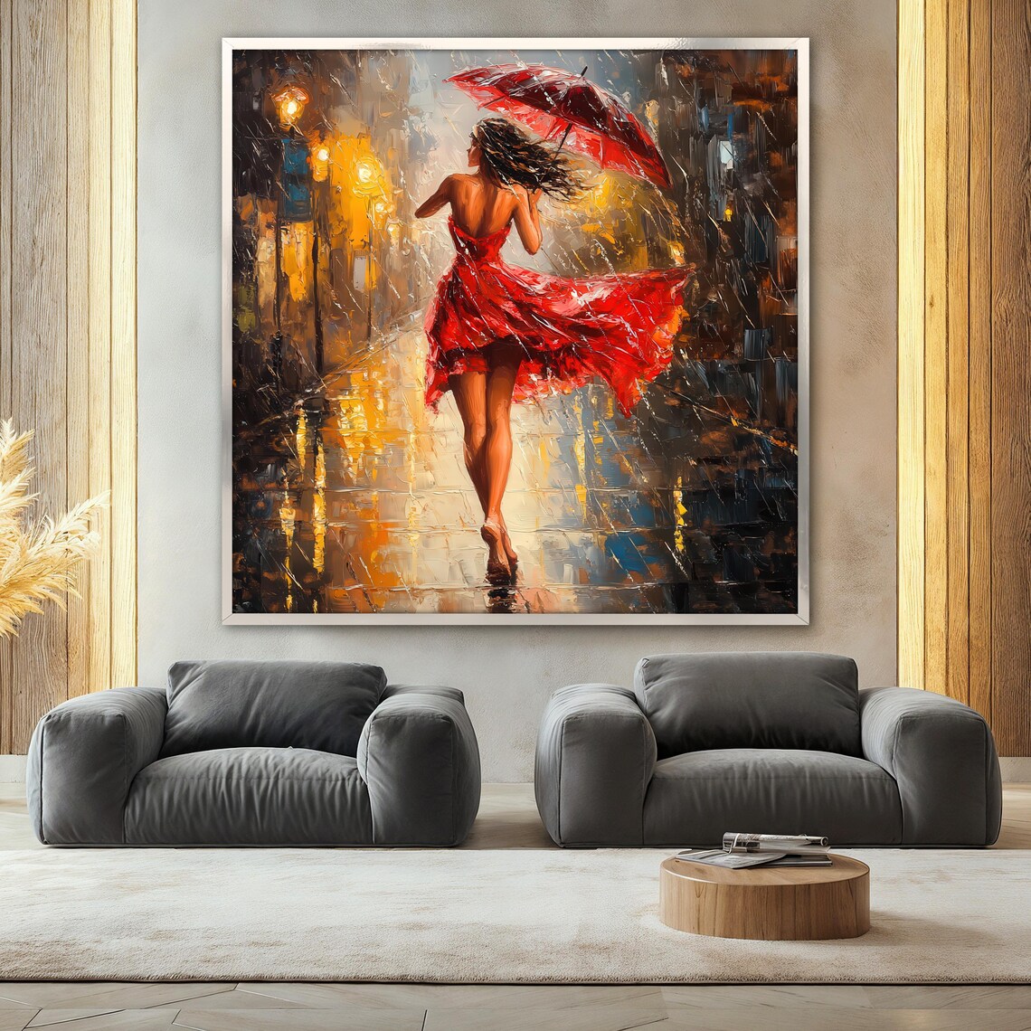 Red Dress Woman Rainy Night Street Red Umbrella Romantic Poster - Image 2