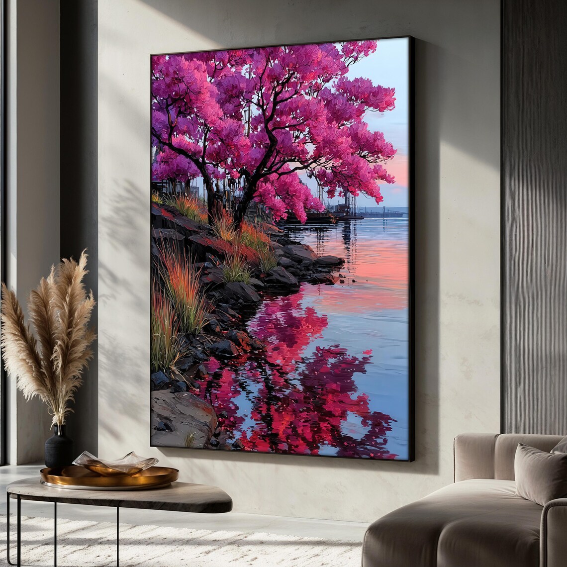 Cherry Blossom Lake Painting, Serene Nature Scene