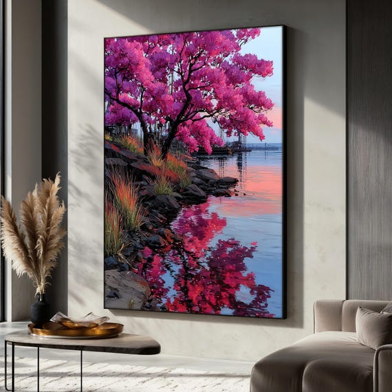 Cherry Blossom Lake Painting, Serene Nature Scene