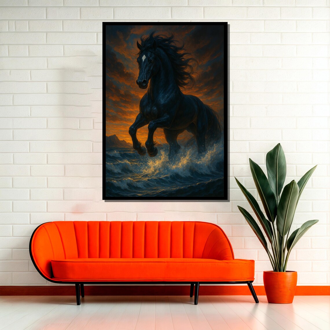 Black Horse Running Through Ocean Waves, Dramatic Art Print - Image 2