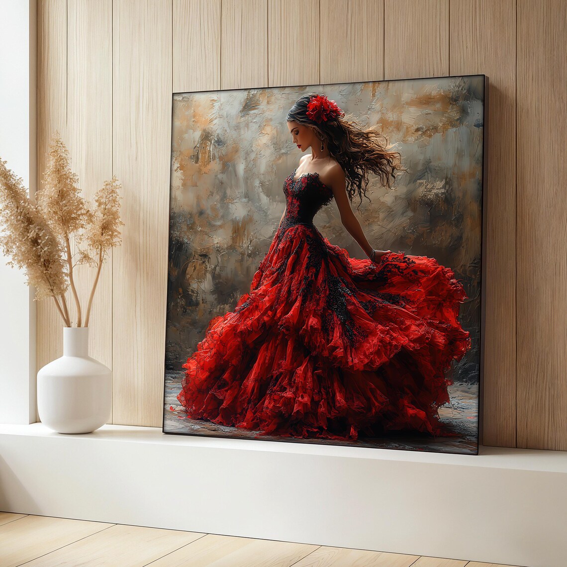 Elegant Woman In Red Dress, Vintage Floral Art