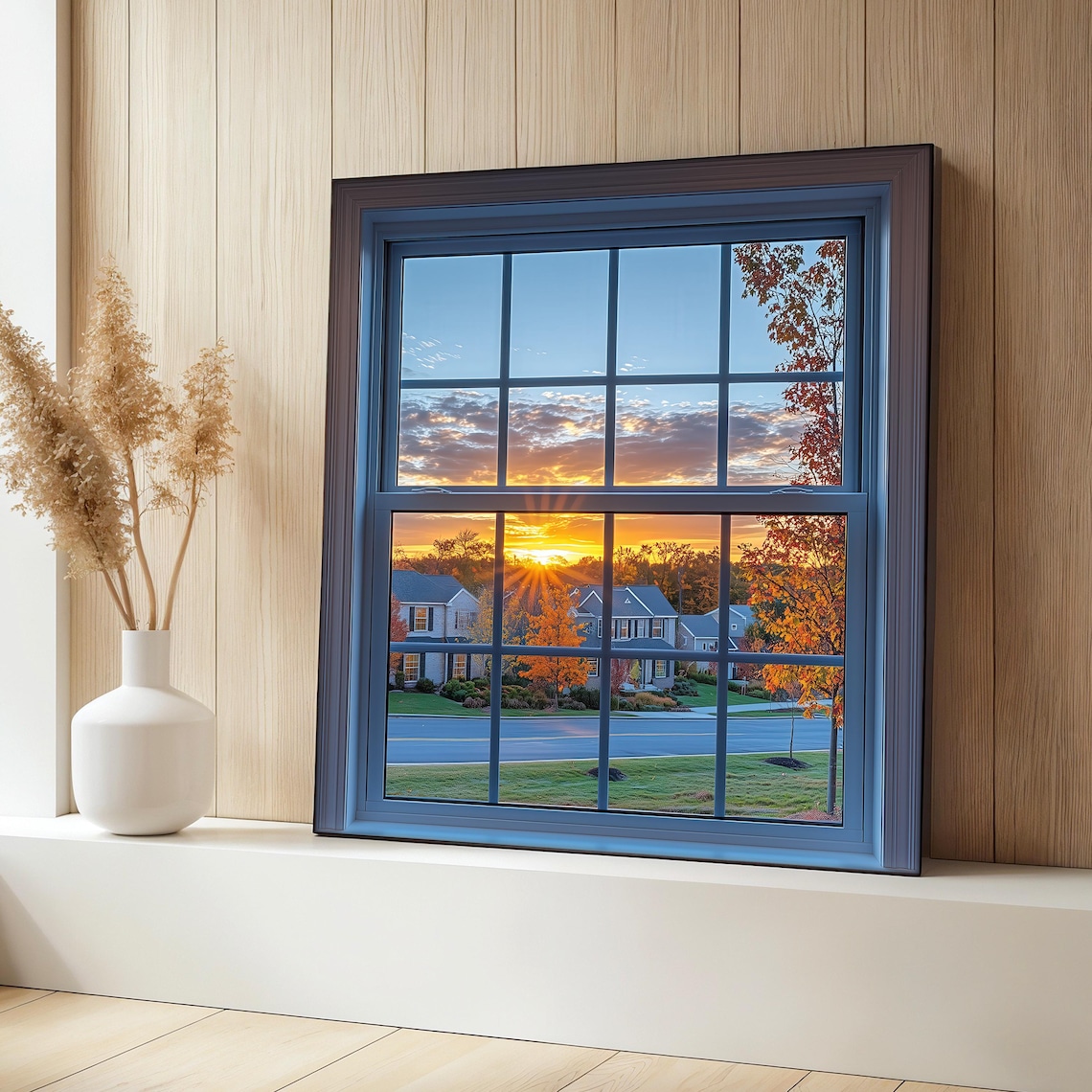 Fake Window Painting, Autumn Sunset Suburban Landscape