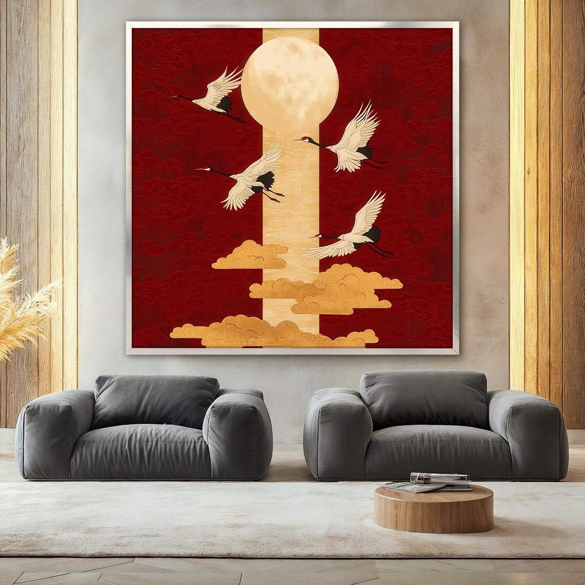 Japanese Red Crane, Golden Moon Art Print - Image 2