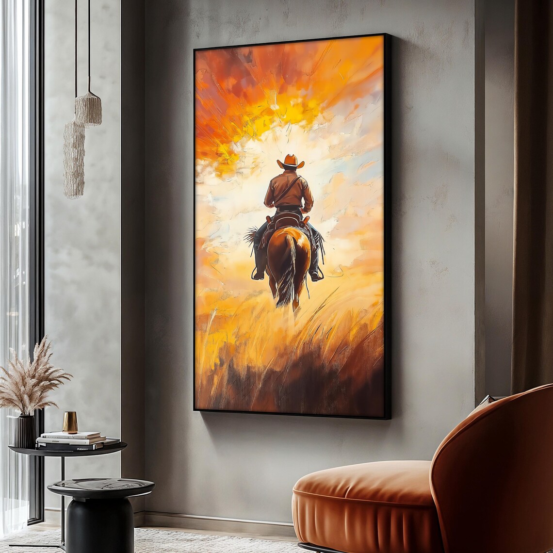 Cowboy On Horse Painting, Western Sunset Scene