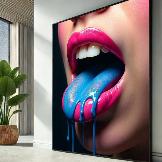 Pop Art Lips And Tongue Canvas Wall Print Colorful Dripping Paint Poster Bold Modern Home Decor Unique
