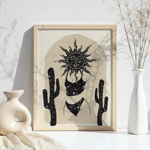 Celestial Sun Woman Starry Black Cactus Desert Boho Witchy Poster