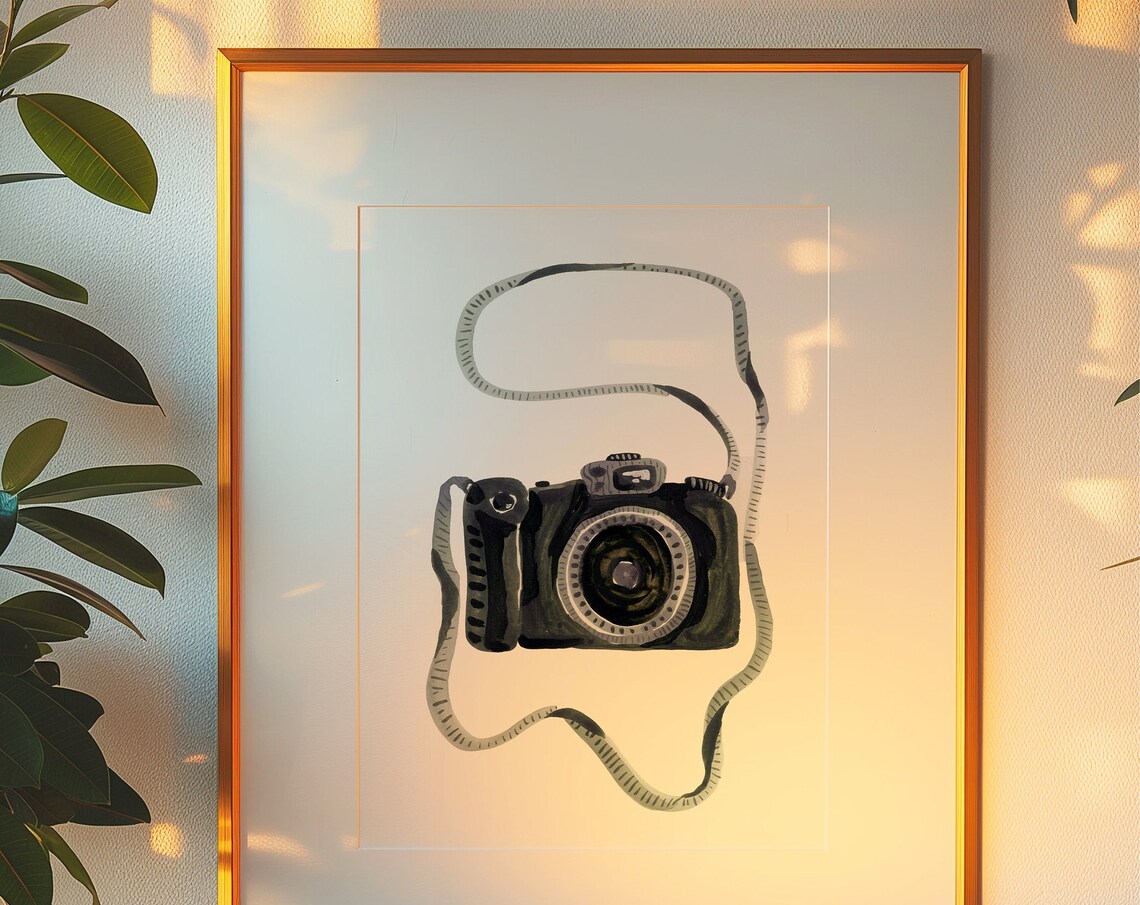 Black Watercolor Camera With Strap Photographer Retro Wall Art Print - Image 4