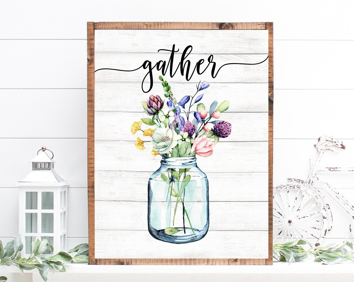 Gather Script Wildflower Mason Jar Watercolor Farmhouse Poster