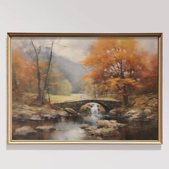 Vintage Autumn Moody Country Painting Rustic Fall Landscape Painting Farmhouse Decor Fall Wall Print Autumn Landscape Earth Tone