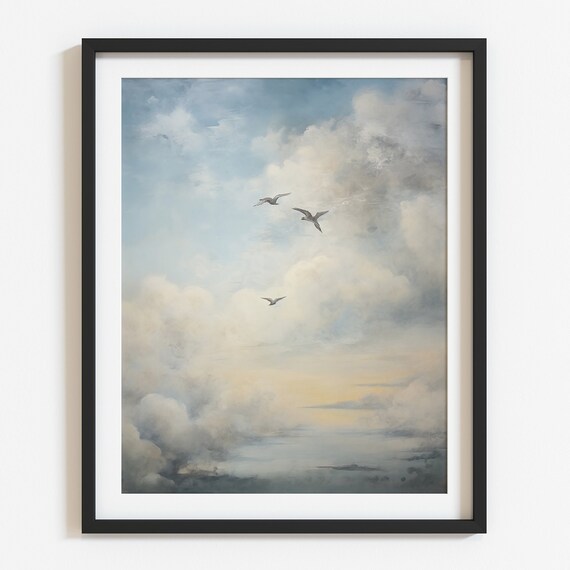 Seagulls Flying in Cloudy Sky Soft Vintage Seascape Bird Flight Poster