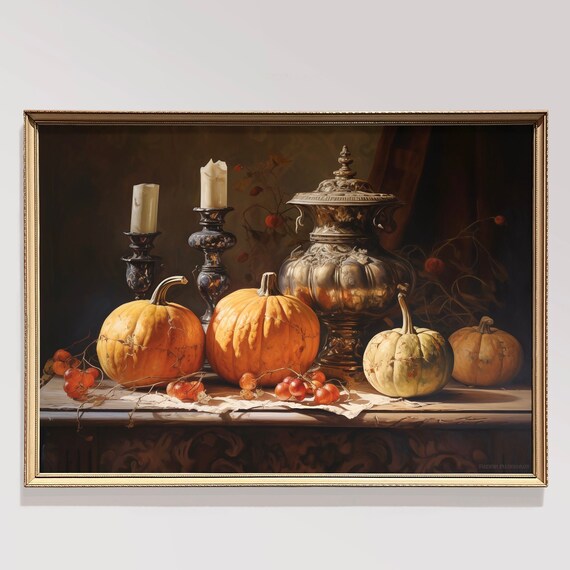 Moody Autumn Still Life With Pumpkins Candles And Silver Urn Poster