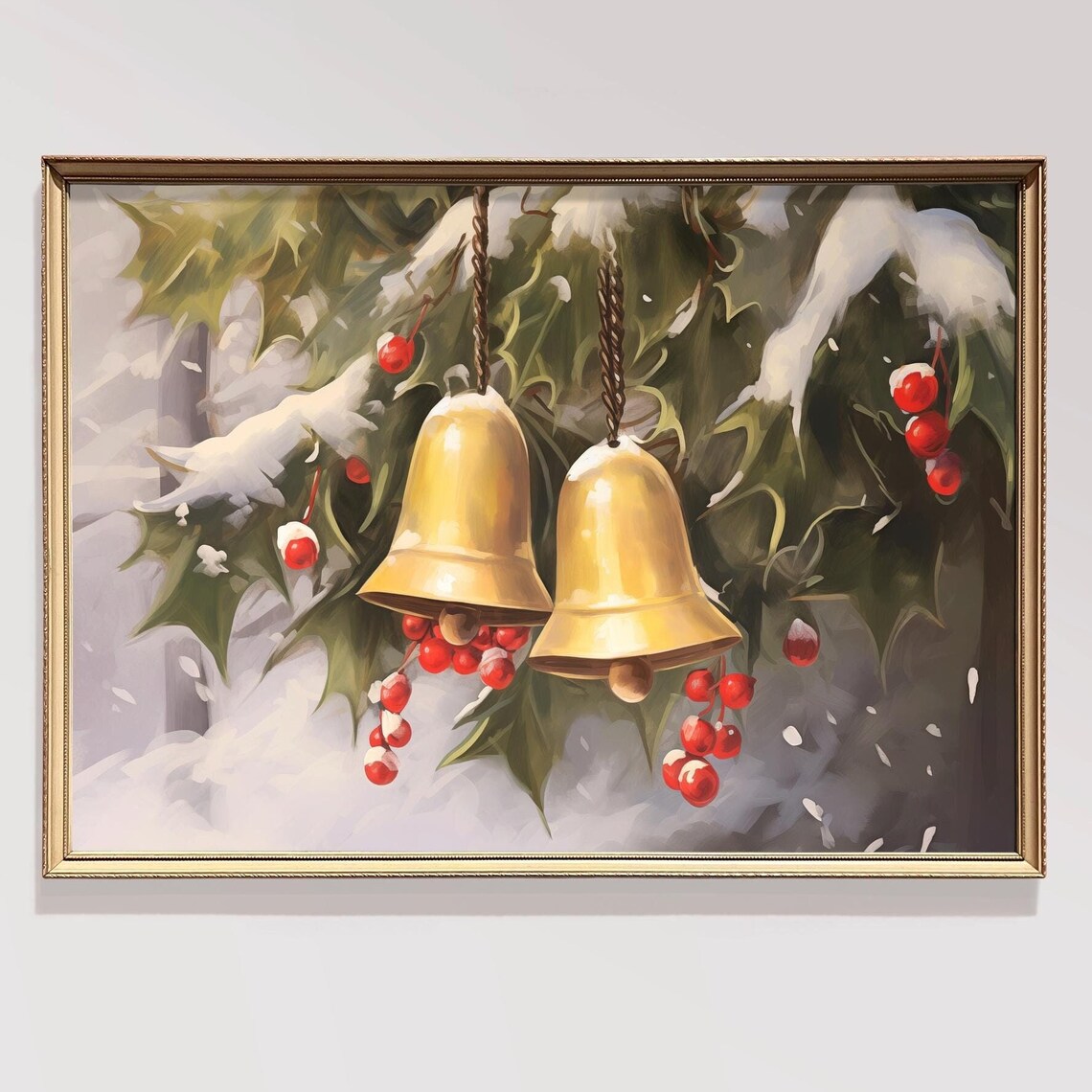 Golden Jingle Bells And Red Berries On Snowy Pine Branch Poster