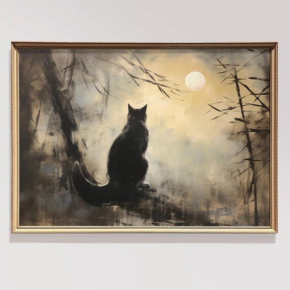 Black Cat Silhouette Gazing At Full Moon In Dark Forest Moody Halloween Poster