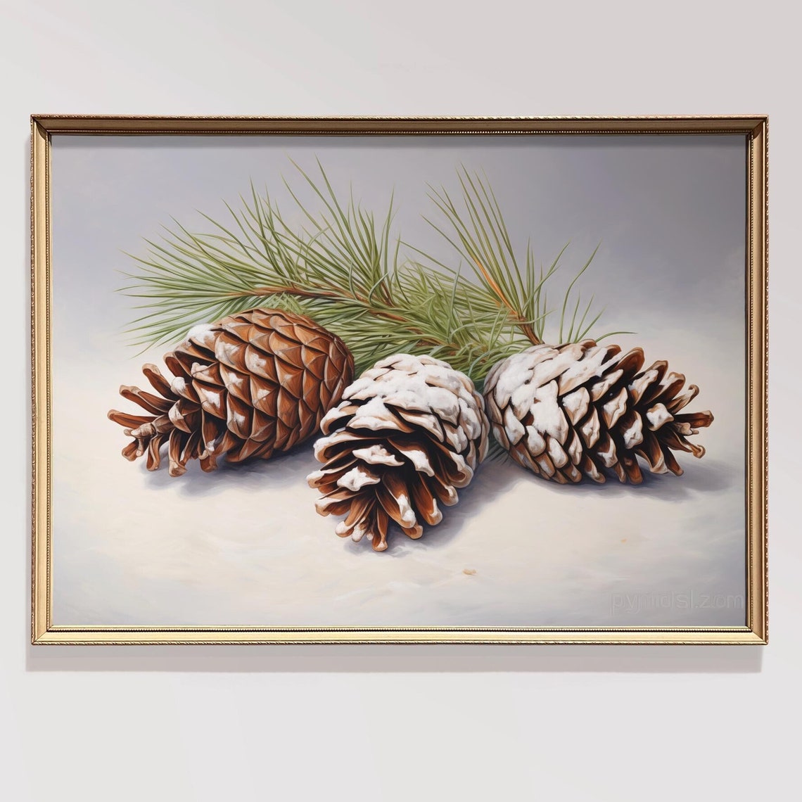 Three Snow Dusted Pinecones With Pine Branch Minimalist Poster
