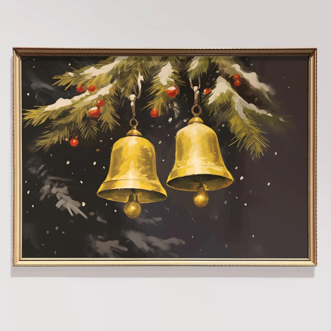 Golden Jingle Bells Hanging From Snowy Pine Branch Night Poster
