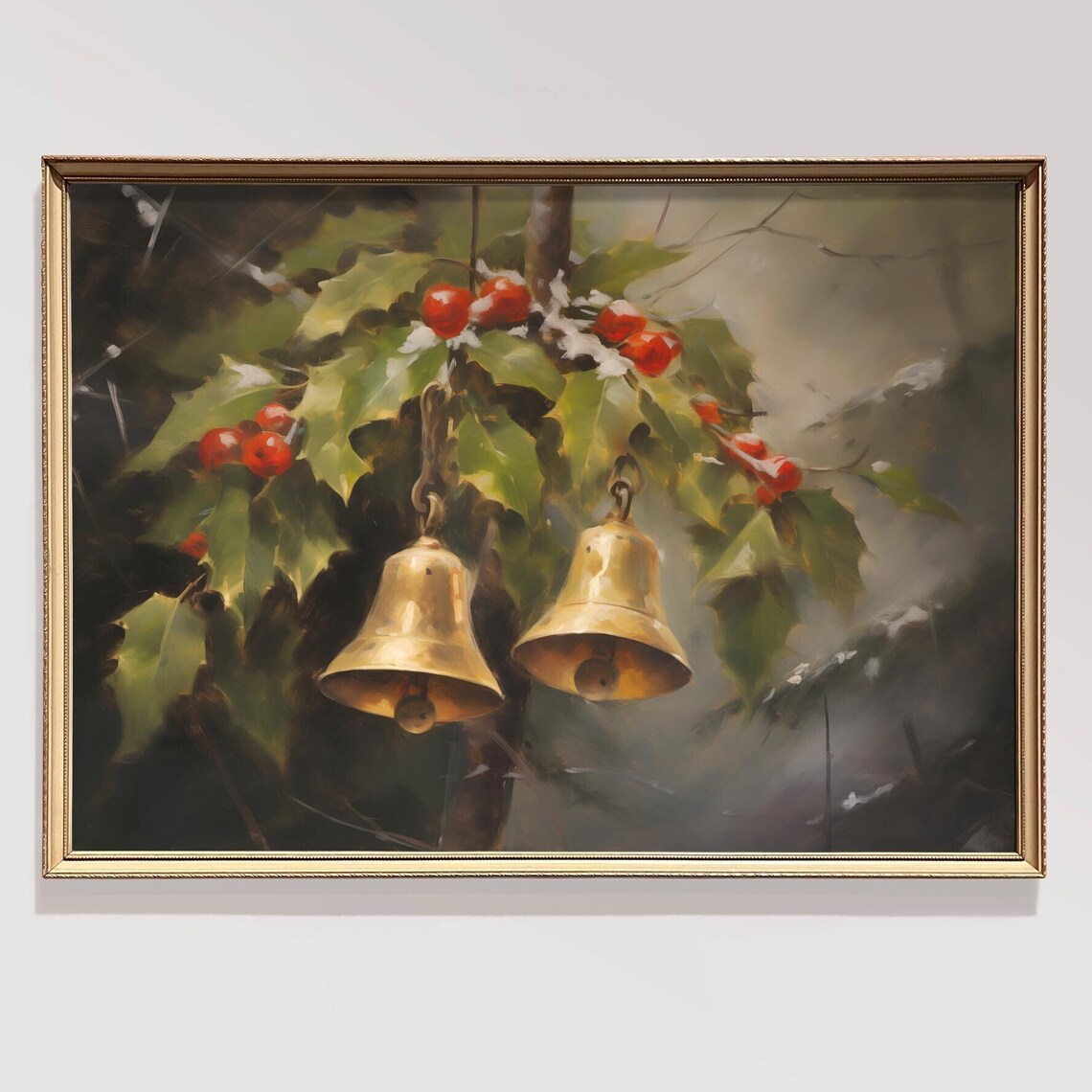 Brass Christmas Bells With Snowy Holly And Red Berries Poster