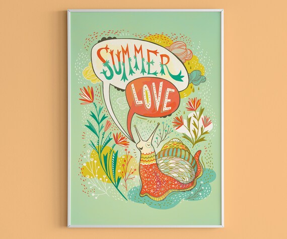 Cute Quirky Wall Art Snail Of Summer Colorful Print Hand Lettered In Coral Green And Gold