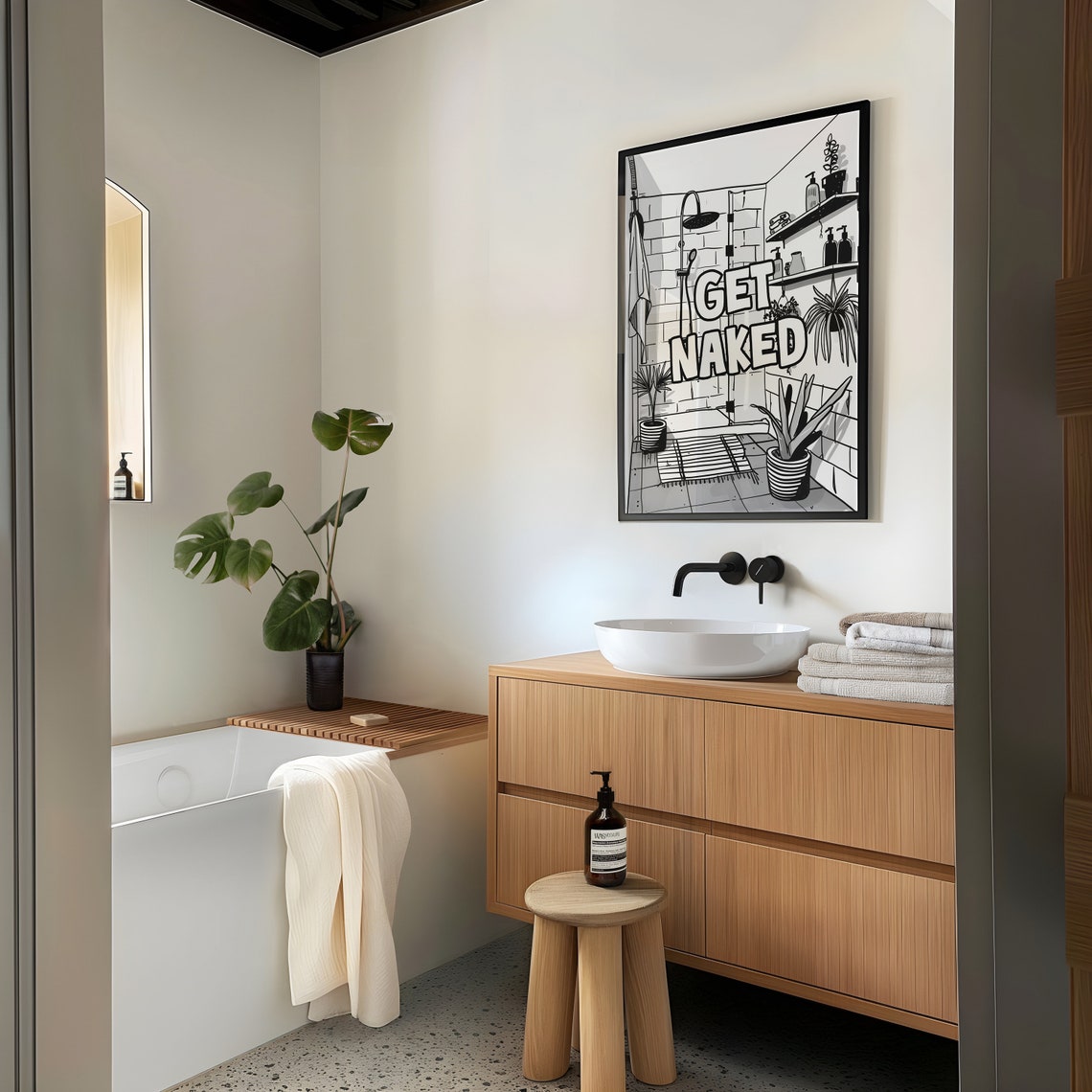 Get Naked Funny Bathroom Shower Retro Doodle Illustration Poster - Image 4