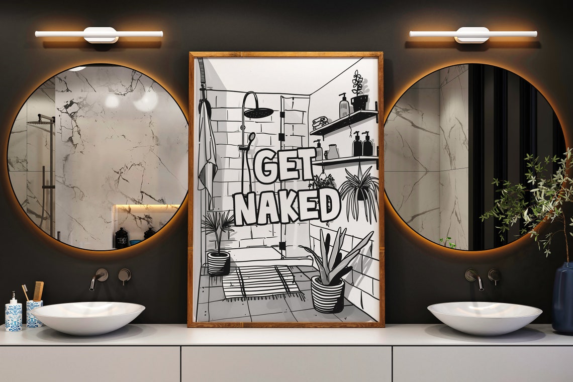 Get Naked Funny Bathroom Shower Retro Doodle Illustration Poster - Image 3