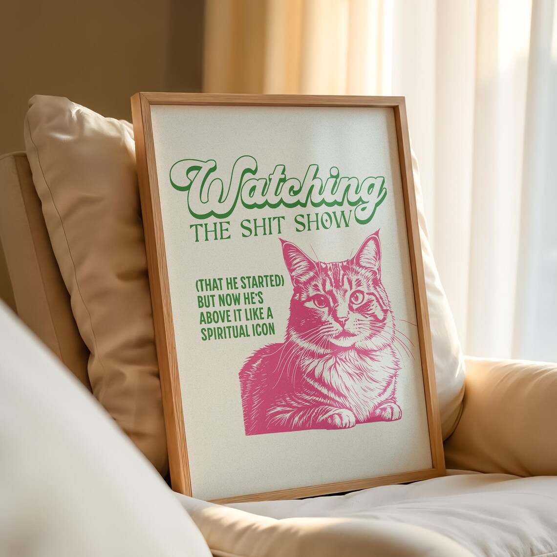 Watching the Chaos Pink Cat Funny Sarcastic Spiritual Icon Poster - Image 3