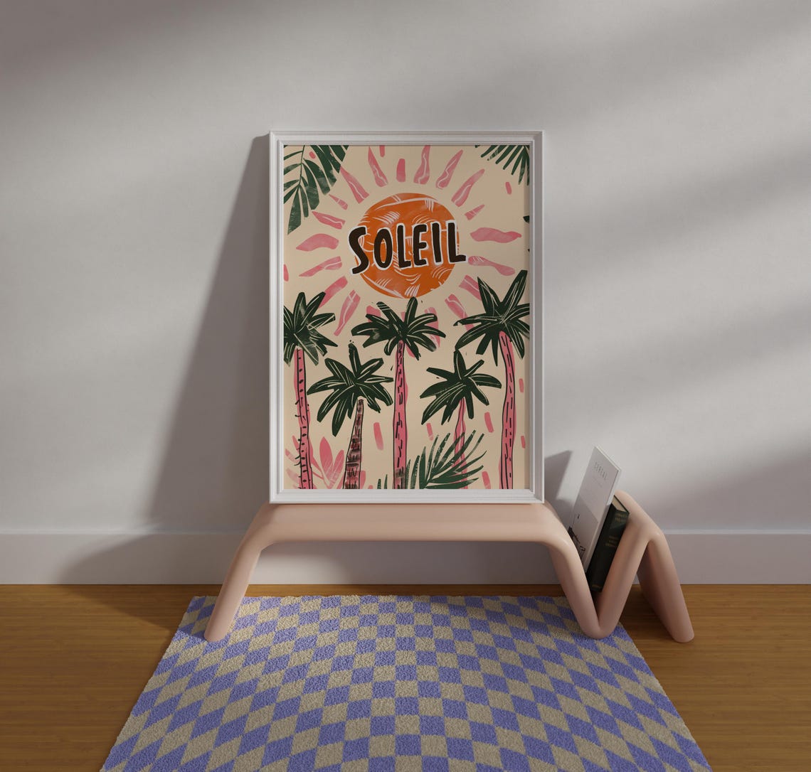 Soleil Colourful Sun Palm Tree Retro Tropical Pink Green Poster - Image 2