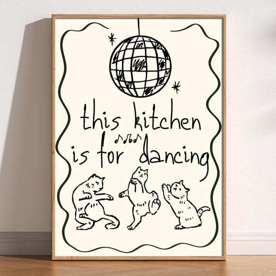 Dancing Cats Kitchen Disco Poster, Retro Doodle Art