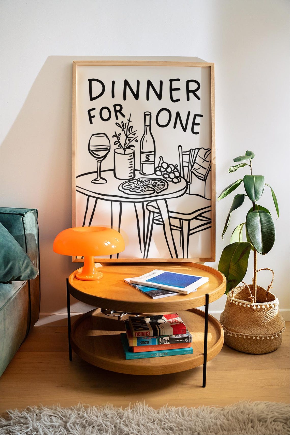Dinner for One Funny Solo Dining Wine and Pizza Sketch Poster - Image 2