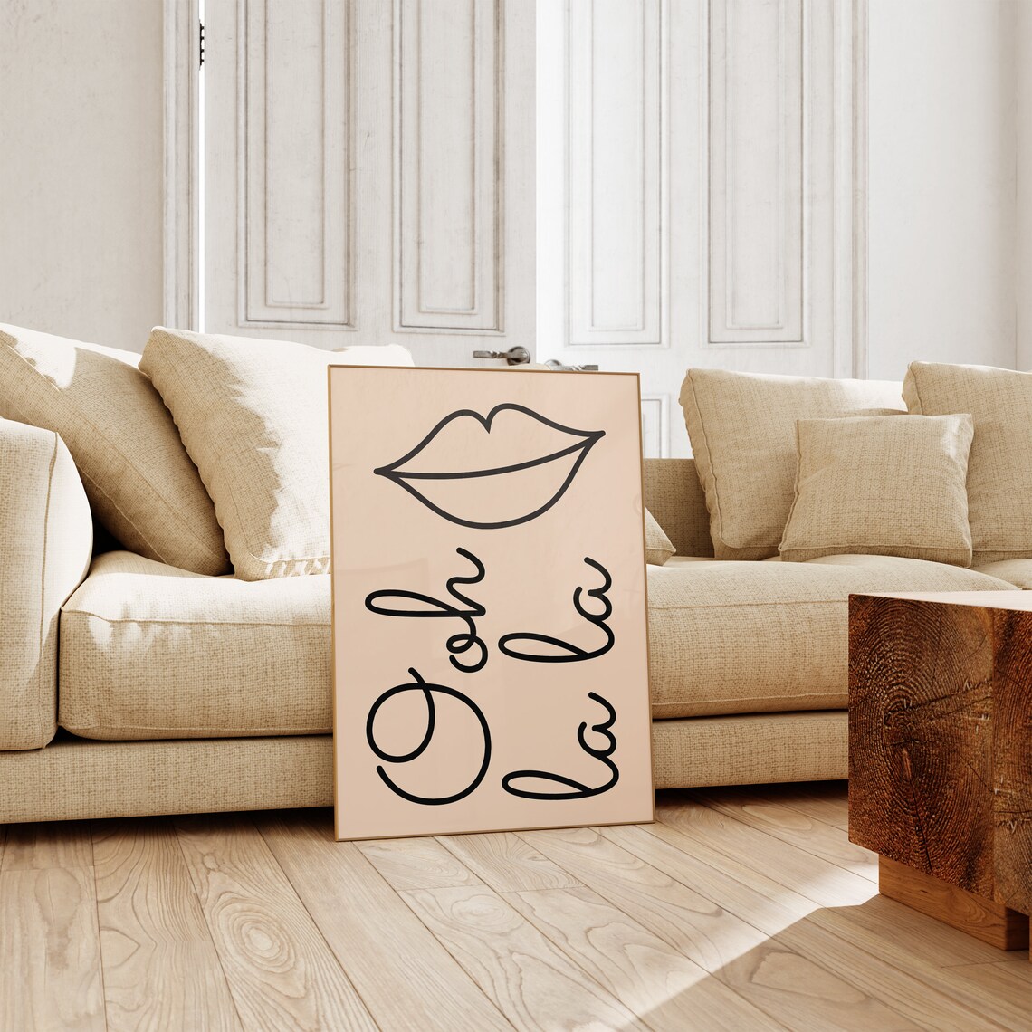Ooh La La Minimalist Lips Line Art Beige Black Fashion Art Poster - Image 3