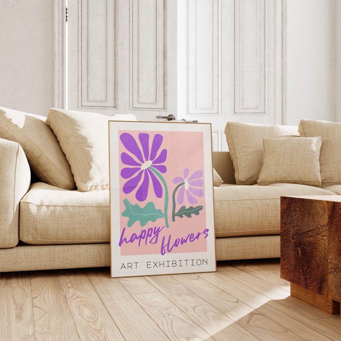Happy Flowers Art Exhibition Purple Daisy Pink Retro Floral Poster - Image 2
