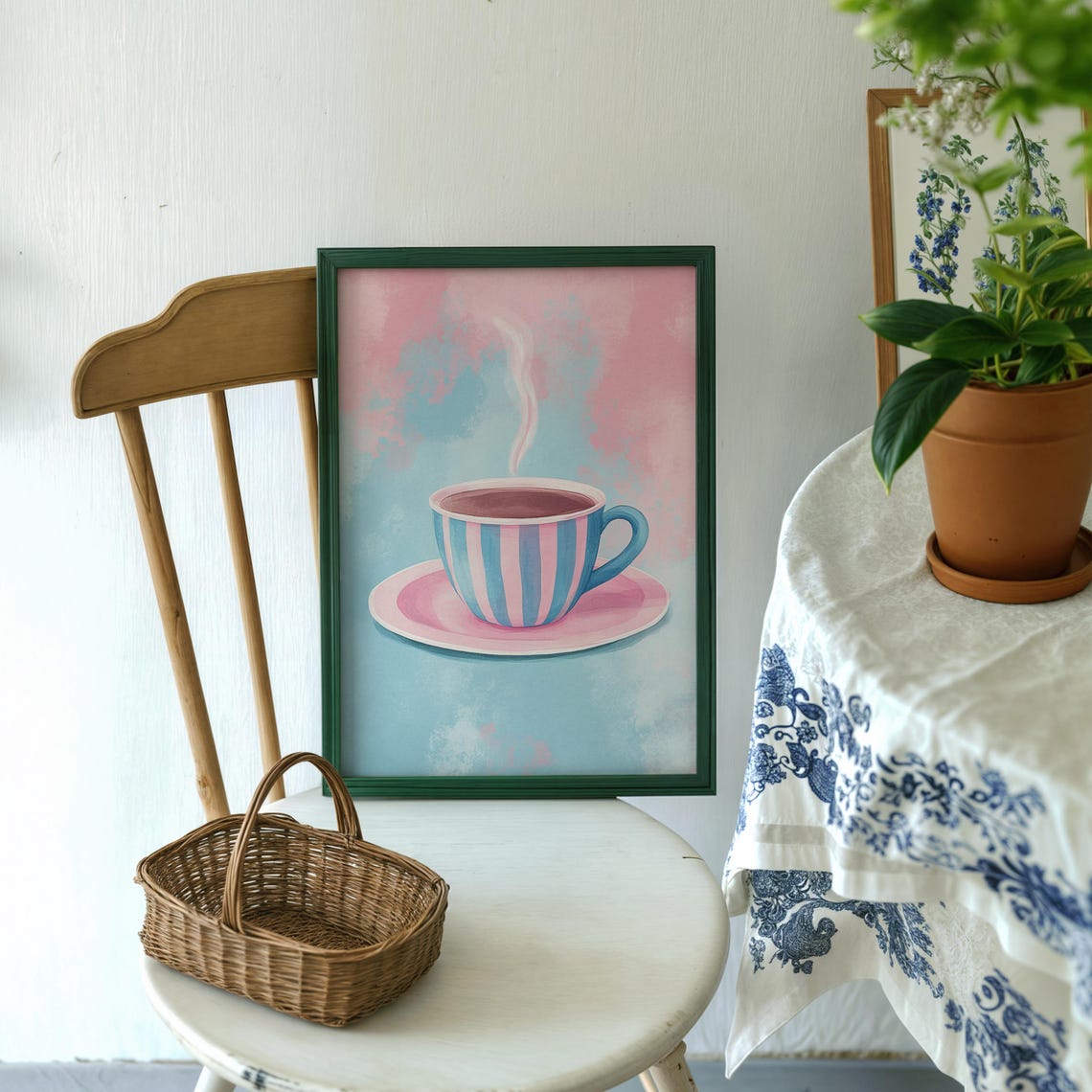 Tea Cup Wall Art Cute Painterly Kitchen Print Pink And Blue Striped Decor Trendy Poster Artsy Lover Gift Charming - Image 2