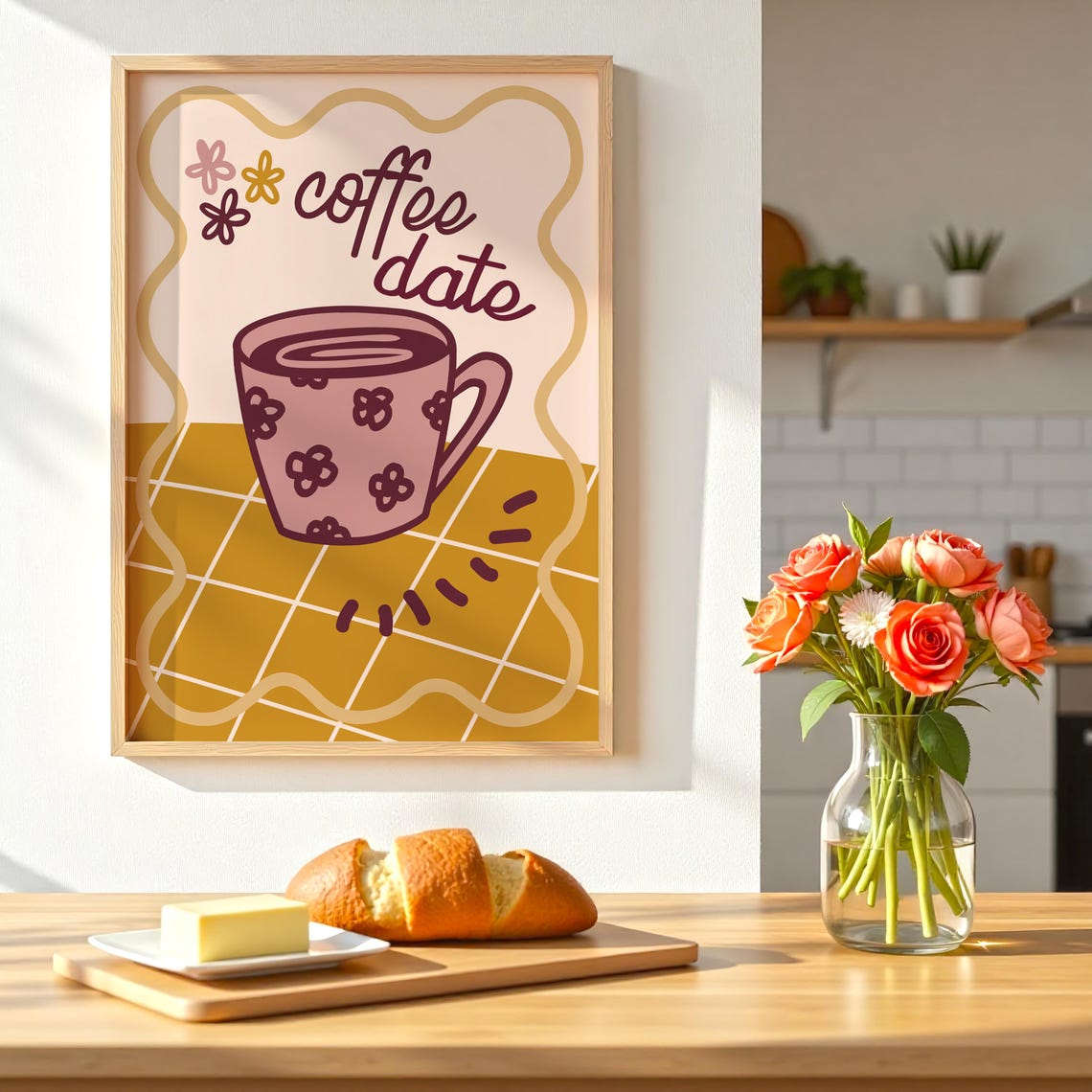 Coffee Date Print Cute Wall Art Trendy Kitchen Decor Retro Cafe Warm Colourful Playful Doodle - Image 3
