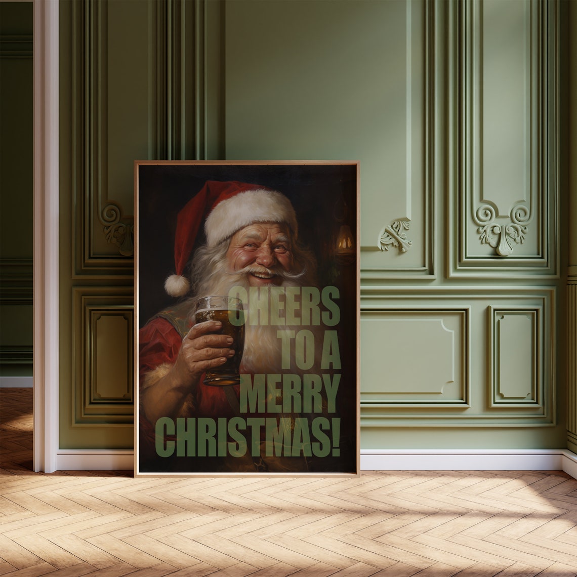 Cheers To A Merry Christmas Santa Claus Beer Funny Vintage Poster - Image 3