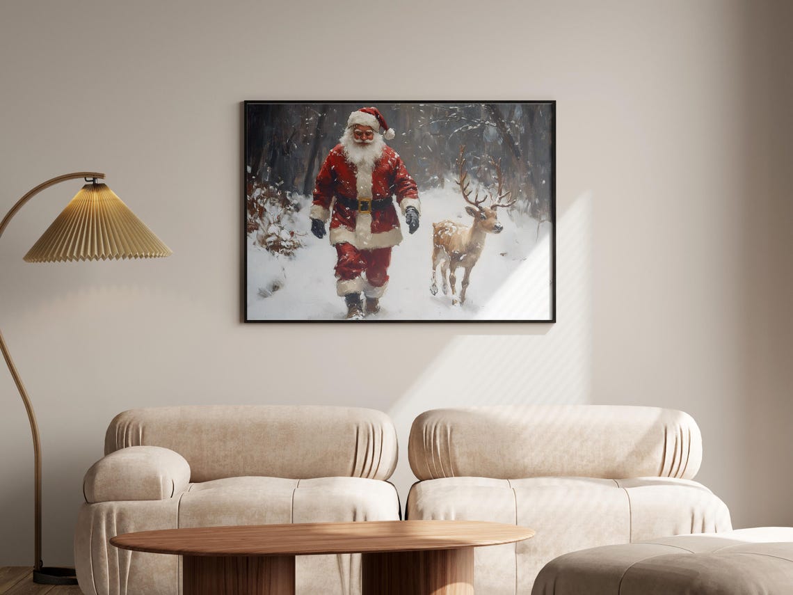Santa Claus Walking With Reindeer Snowy Forest Christmas Poster - Image 2