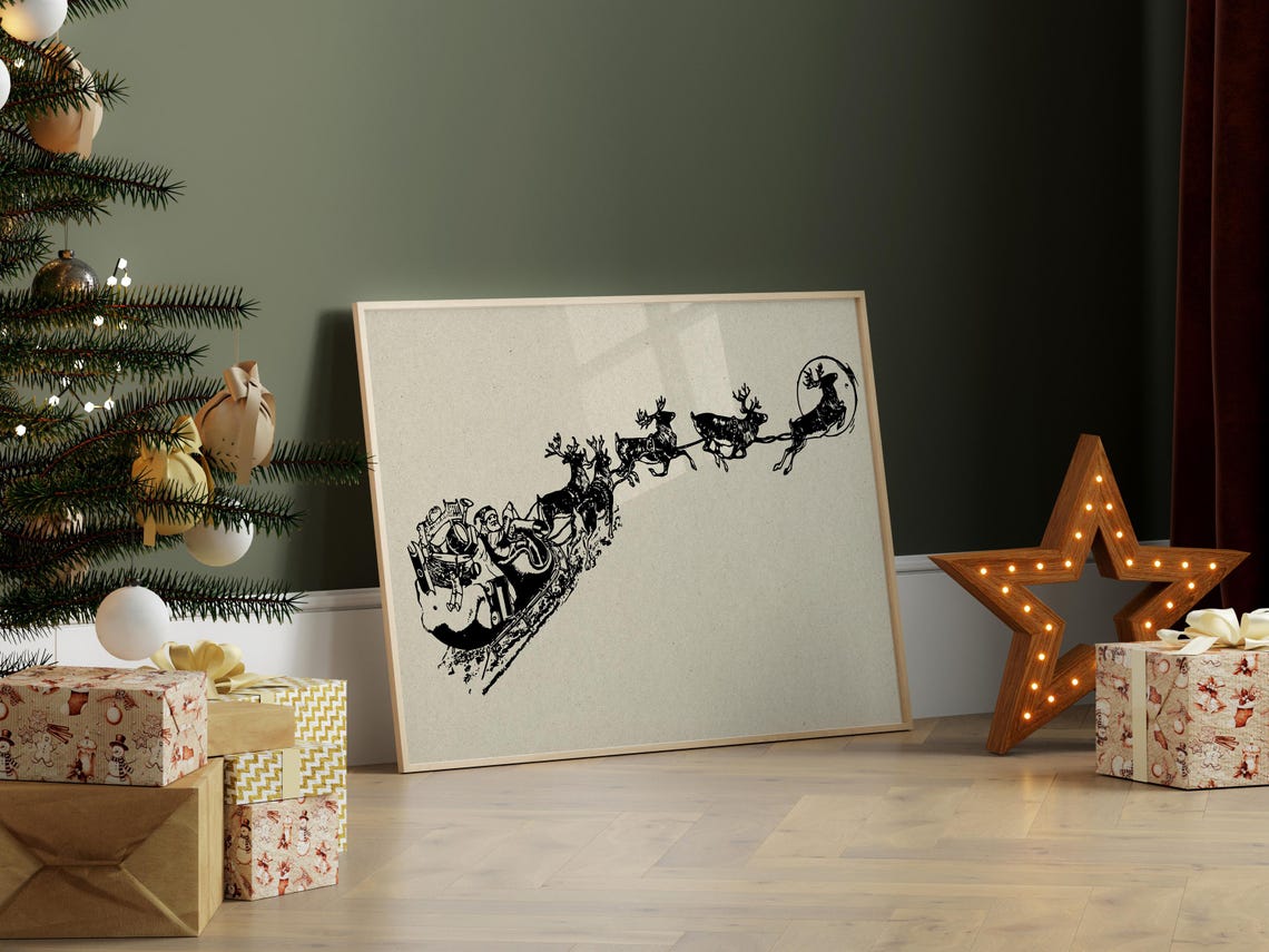 Santa Claus Flying Sleigh Reindeer Vintage Christmas Engraving Poster - Image 7