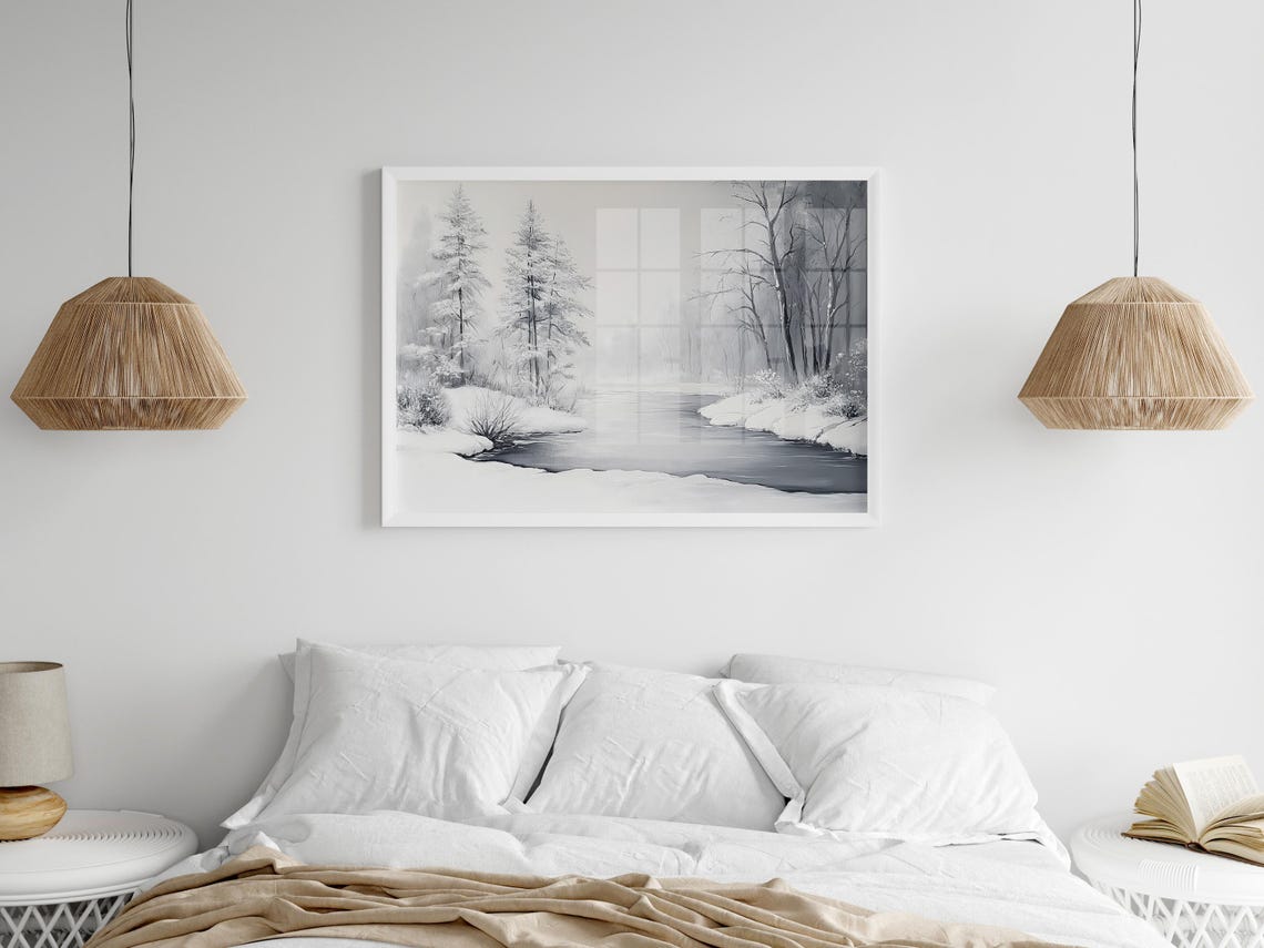 Monochrome Winter River Misty Trees Snowy Landscape Art Poster - Image 6