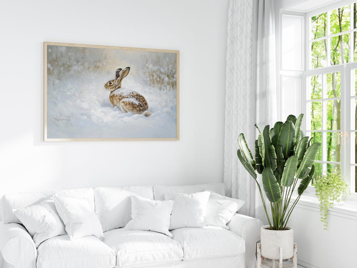 Winter Hare Portrait In Snow Close Up Wildlife Painting Poster - Image 5