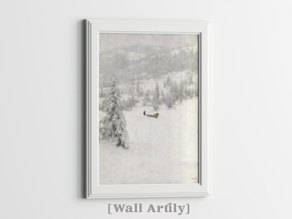 Antique Winter Valley Horse Sled Snowy Landscape Oil Painting Poster - Image 3