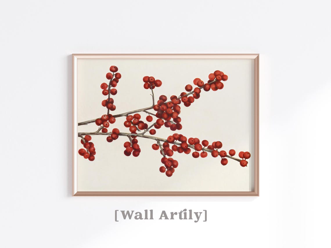 Red Winter Berry Branch Botanical Watercolor Holiday Art Poster - Image 3