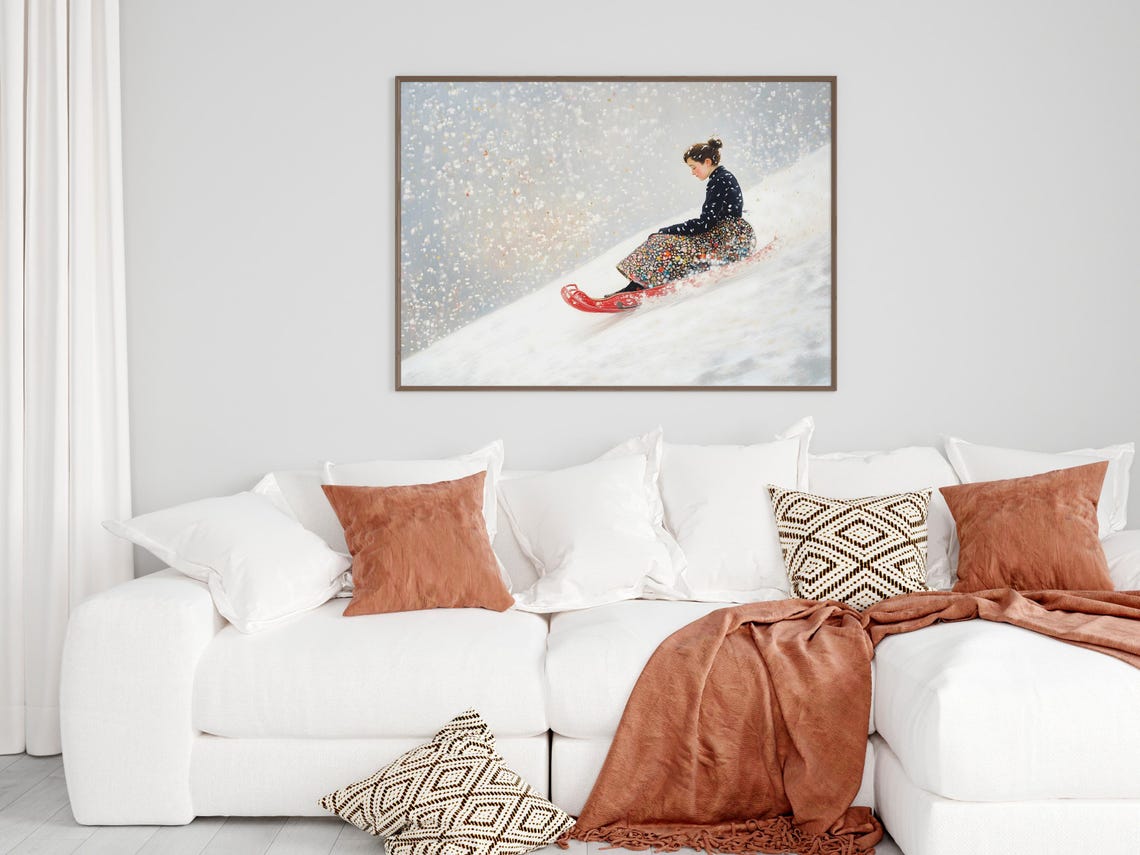 Woman Riding Red Toboggan Sled In Falling Snow Winter Art Poster - Image 3