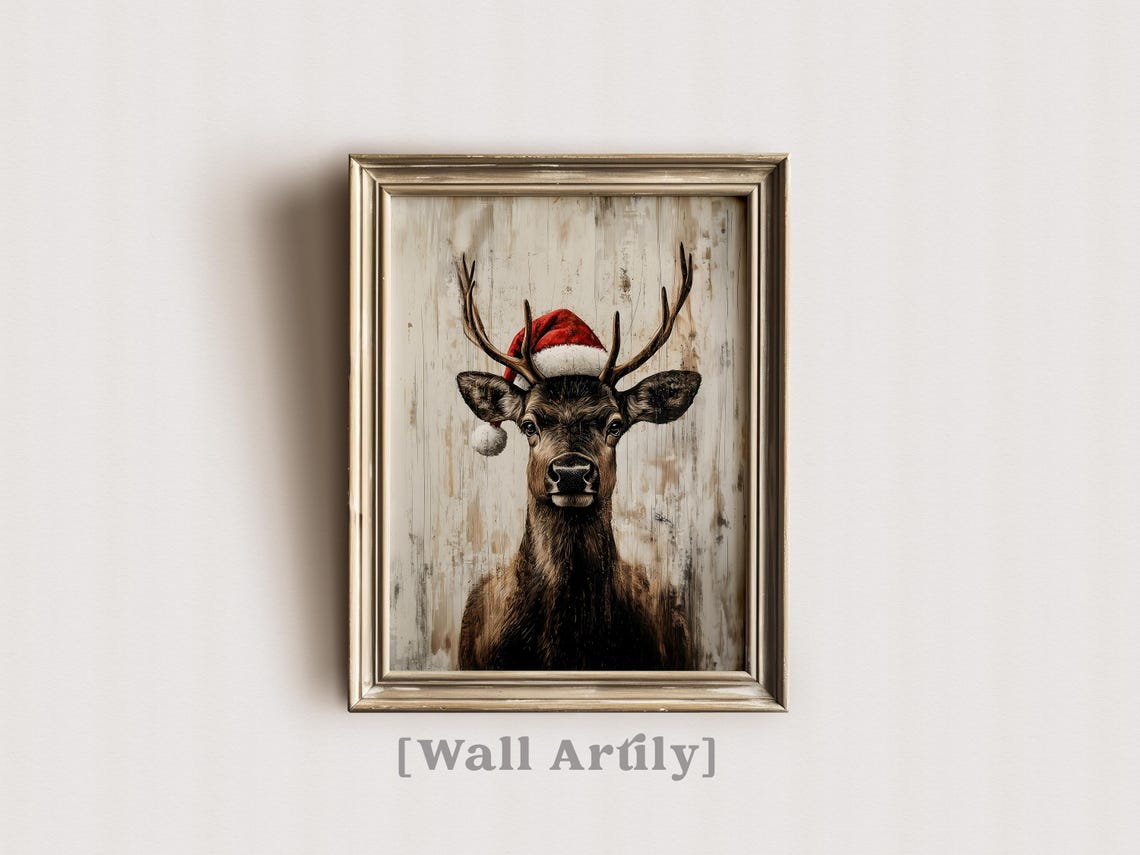 Reindeer Wearing Santa Hat Rustic Christmas Wood Sign Style Poster - Image 6